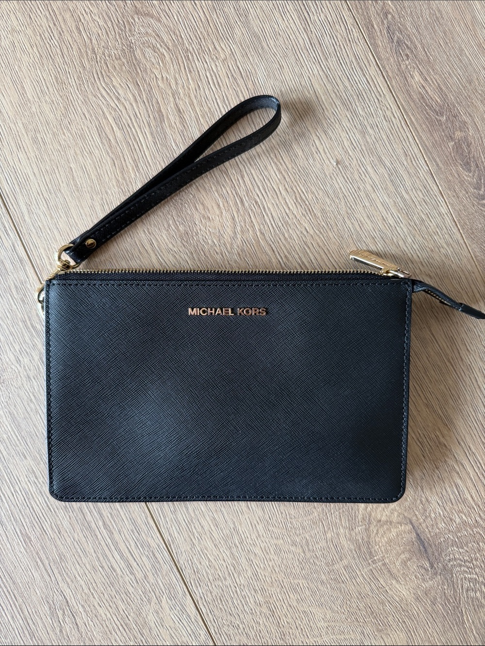 Michael Kors Black Saffiano Leather Zip Wristlet with Gold Logo